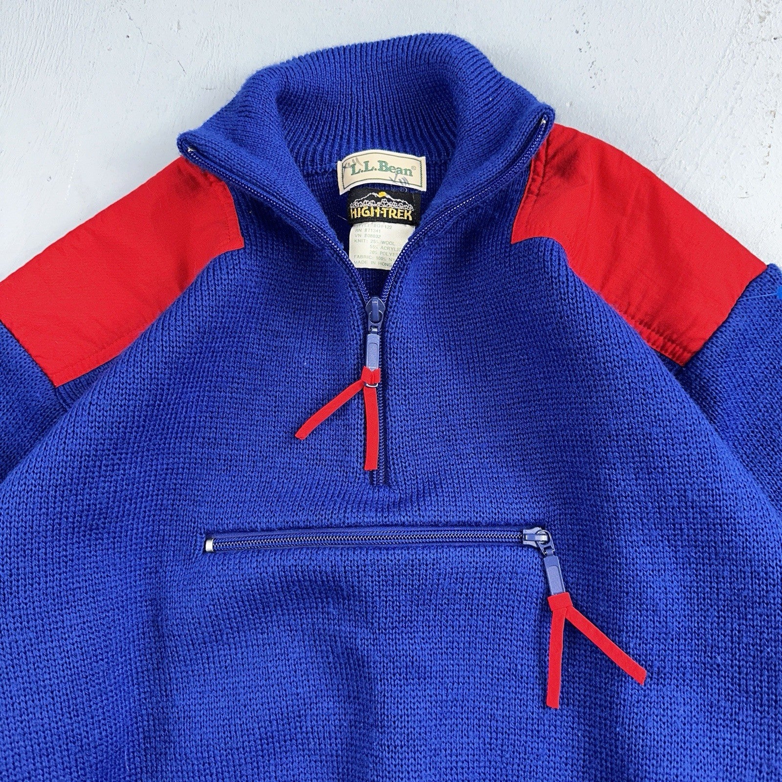 LL Bean VTG Sweater Mens Size M Red Blue Wool Blend High Trek Colorblock 80s