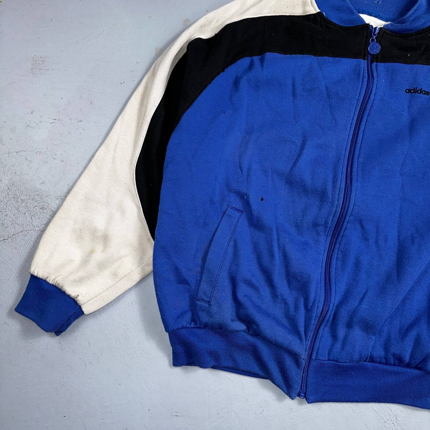 Adidas 80s 90s VTG Logo Sweater XL Blue Full Zip Sweatshirt Mens Burn Hole