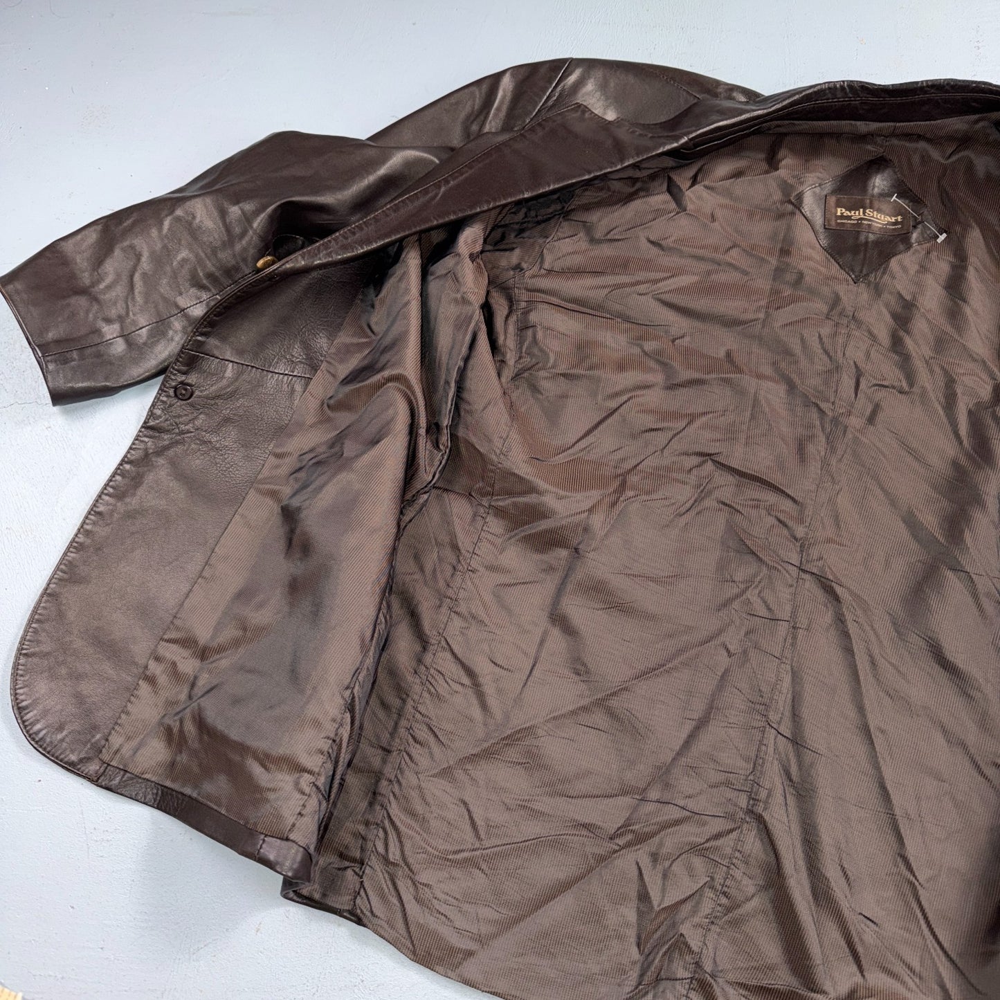 Paul Stuart Mens Vintage Brown Leather Jacket XL Chore Coat Pockets EUC Blazer