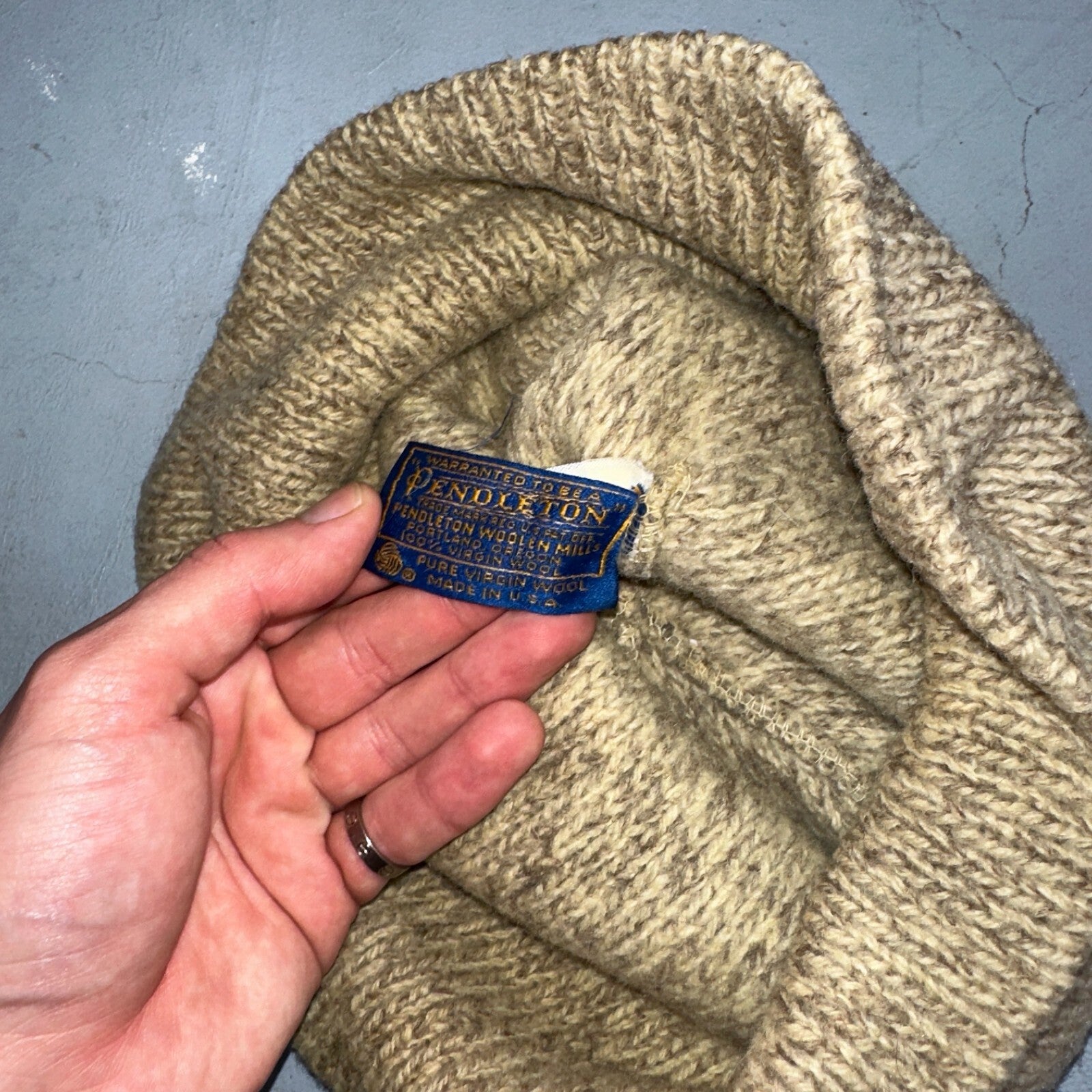 Vintage PENDELTON 100% Virgin Wool Oatmeal Beige Knit Hat Beanie USA Unisex