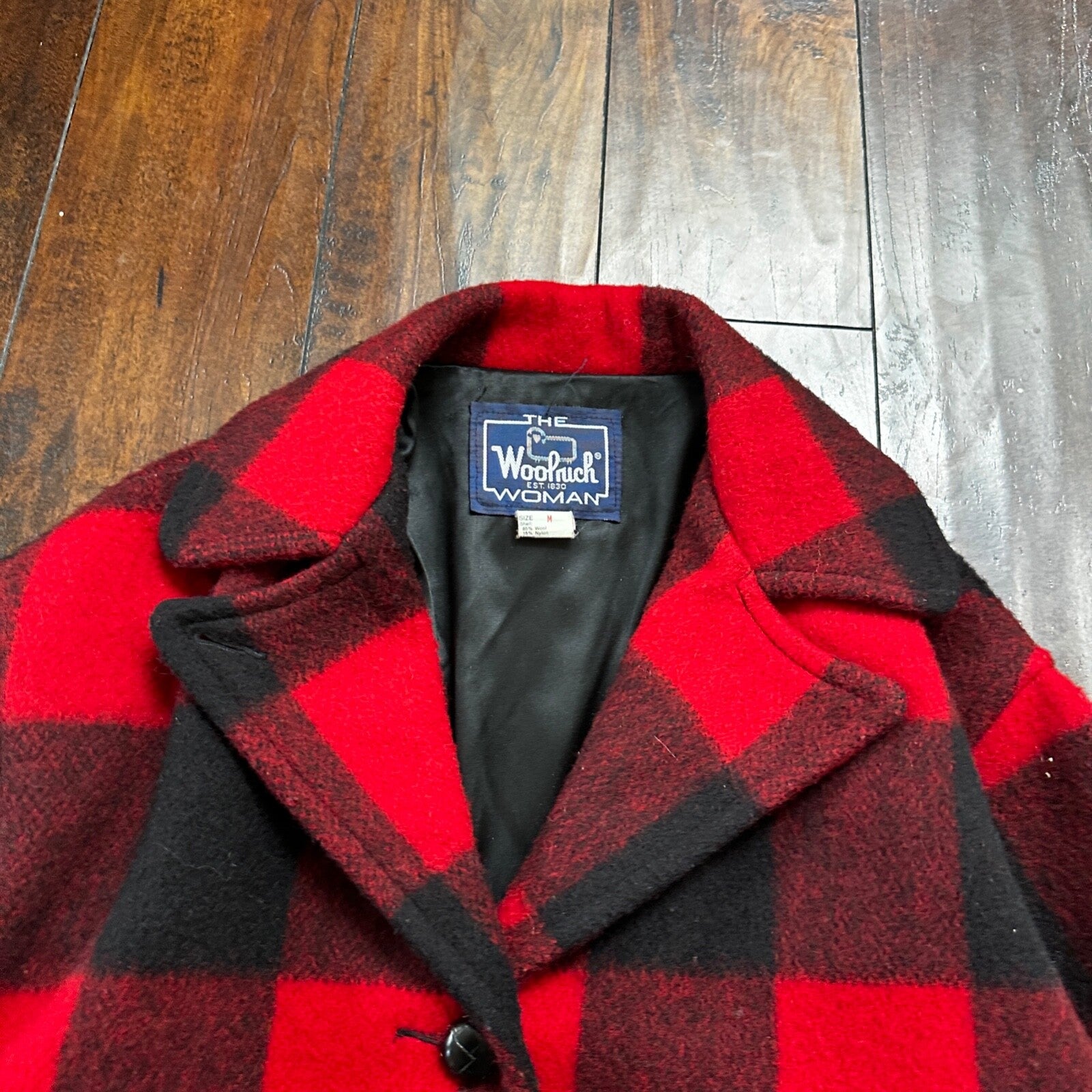 VTG Woolrich Coat Womens M Red Black Plaid Wool Blend Mackinaw Jacket 1970s 70s