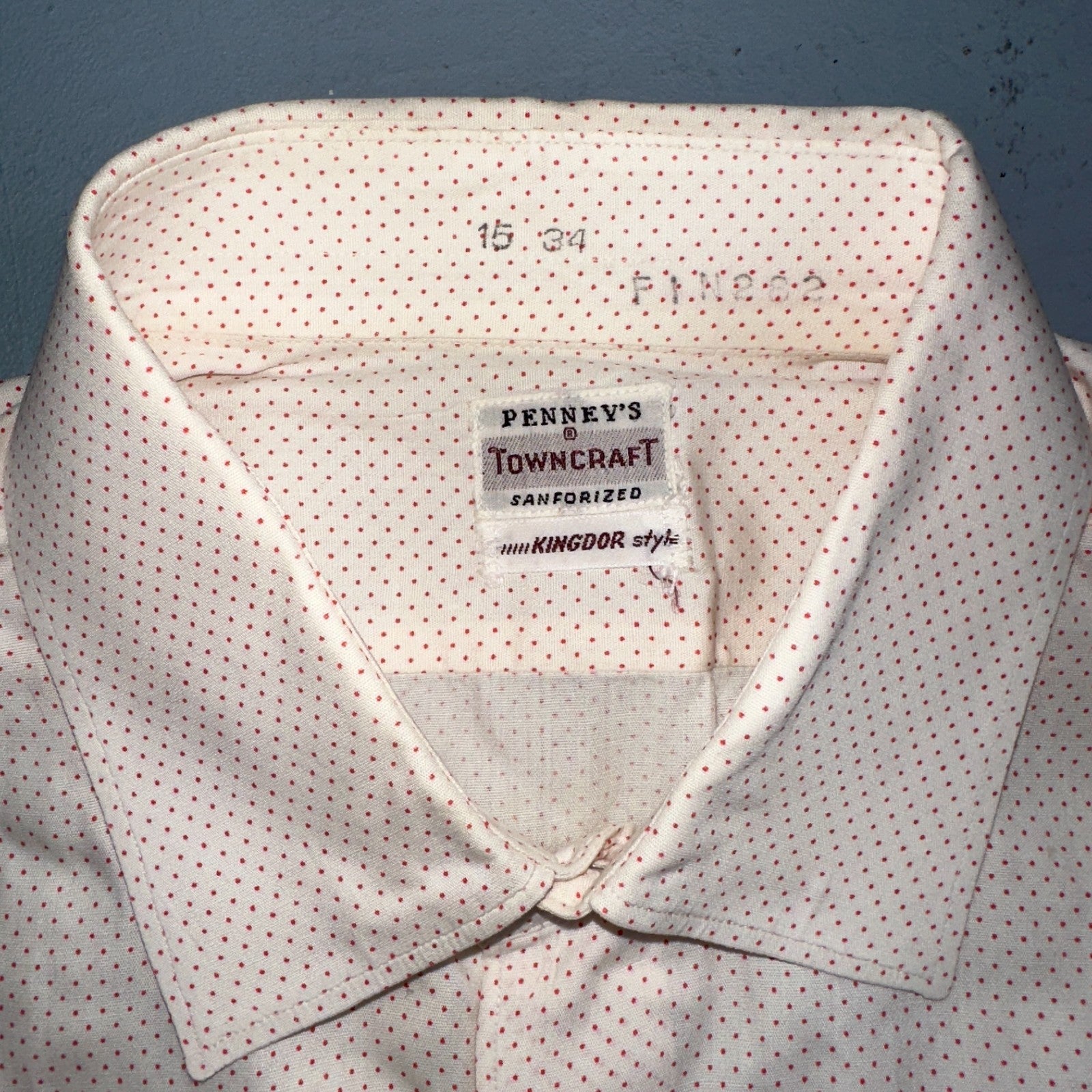 Vtg 40s 50s Penneys Towncraft Dress Shirt Mens 15 Red Polka Dot White Crisp