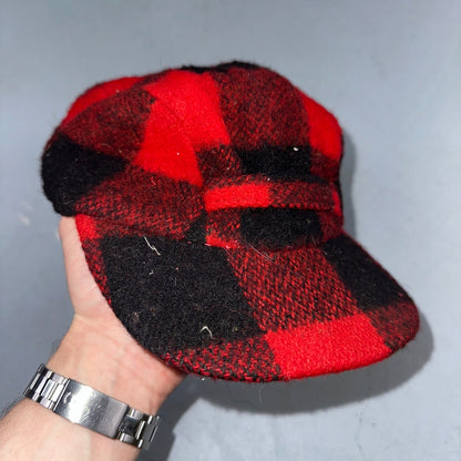 Vintage 1970s Woolrich Buffalo Plaid Red Black Hat with Ear Flaps USA 70s Warm