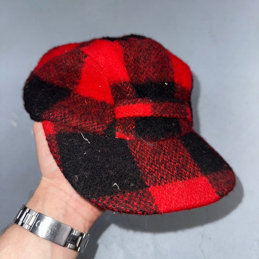 Vintage 1970s Woolrich Buffalo Plaid Red Black Hat with Ear Flaps USA 70s Warm