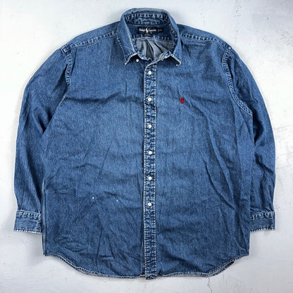 Polo Ralph Lauren Denim Blaire Button Front Oxford Shirt XL Vintage 90s