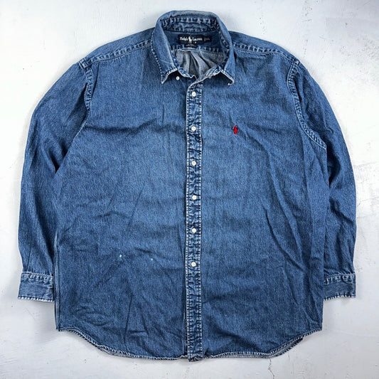 Polo Ralph Lauren Denim Blaire Button Front Oxford Shirt XL Vintage 90s