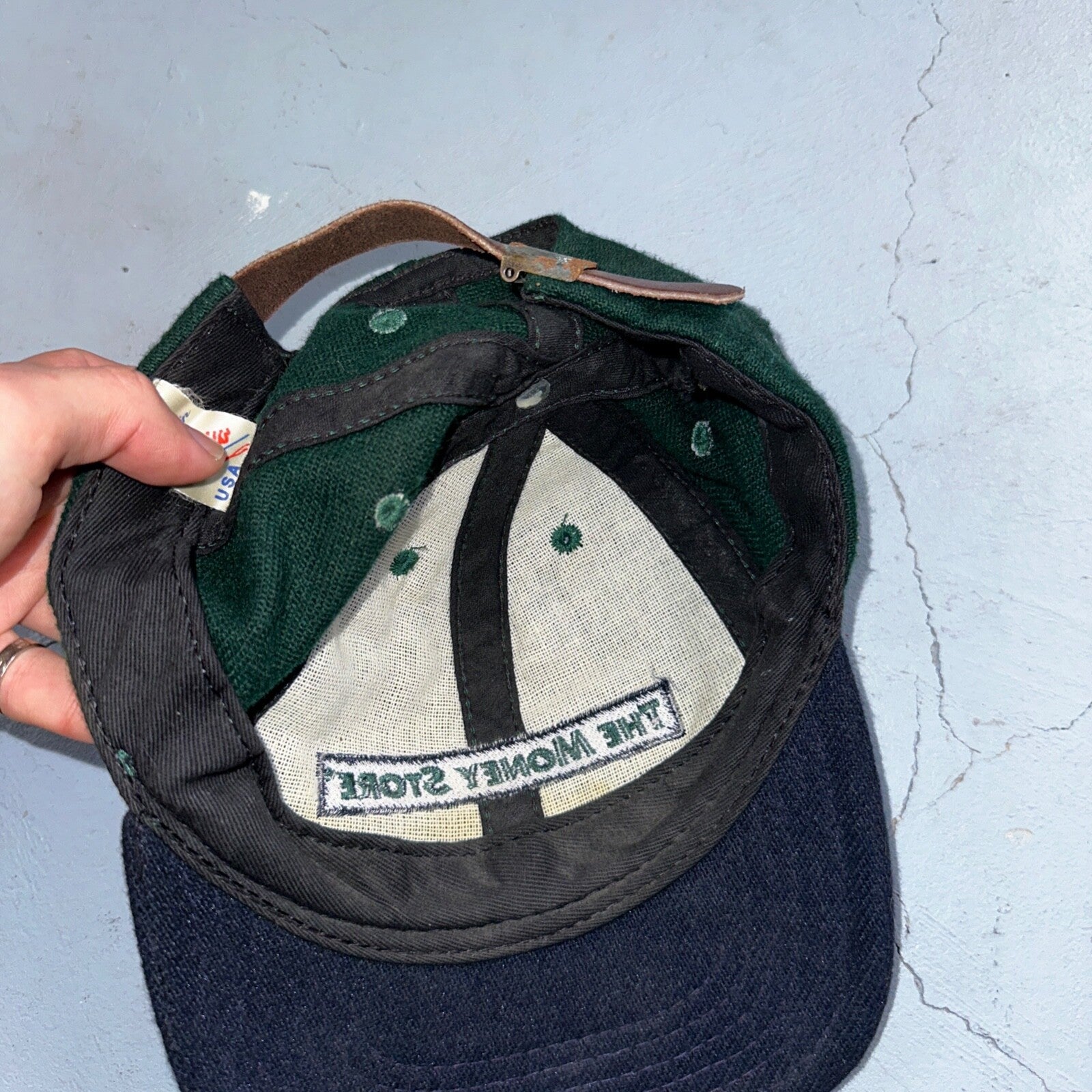 Money Store Funny VTG Hat Cap Snapback Green Blue Cash USA Made Quote Text