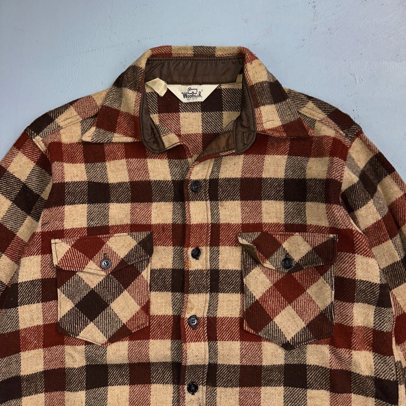 Vintage 70s Woolrich Heavy Thick Wool Plaid Brown Red Shirt Jacket XL 1970s