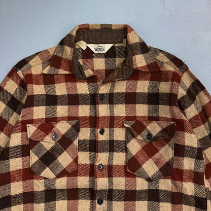 Vintage 70s Woolrich Heavy Thick Wool Plaid Brown Red Shirt Jacket XL 1970s