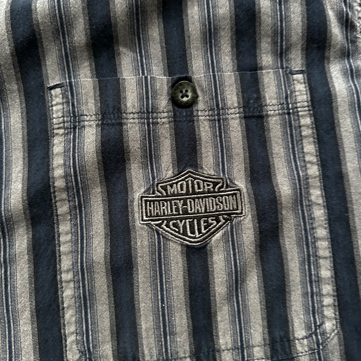 Harley Davidson Shirt Button Up XL Short Sleeve VTG Embroidery Striped Blue