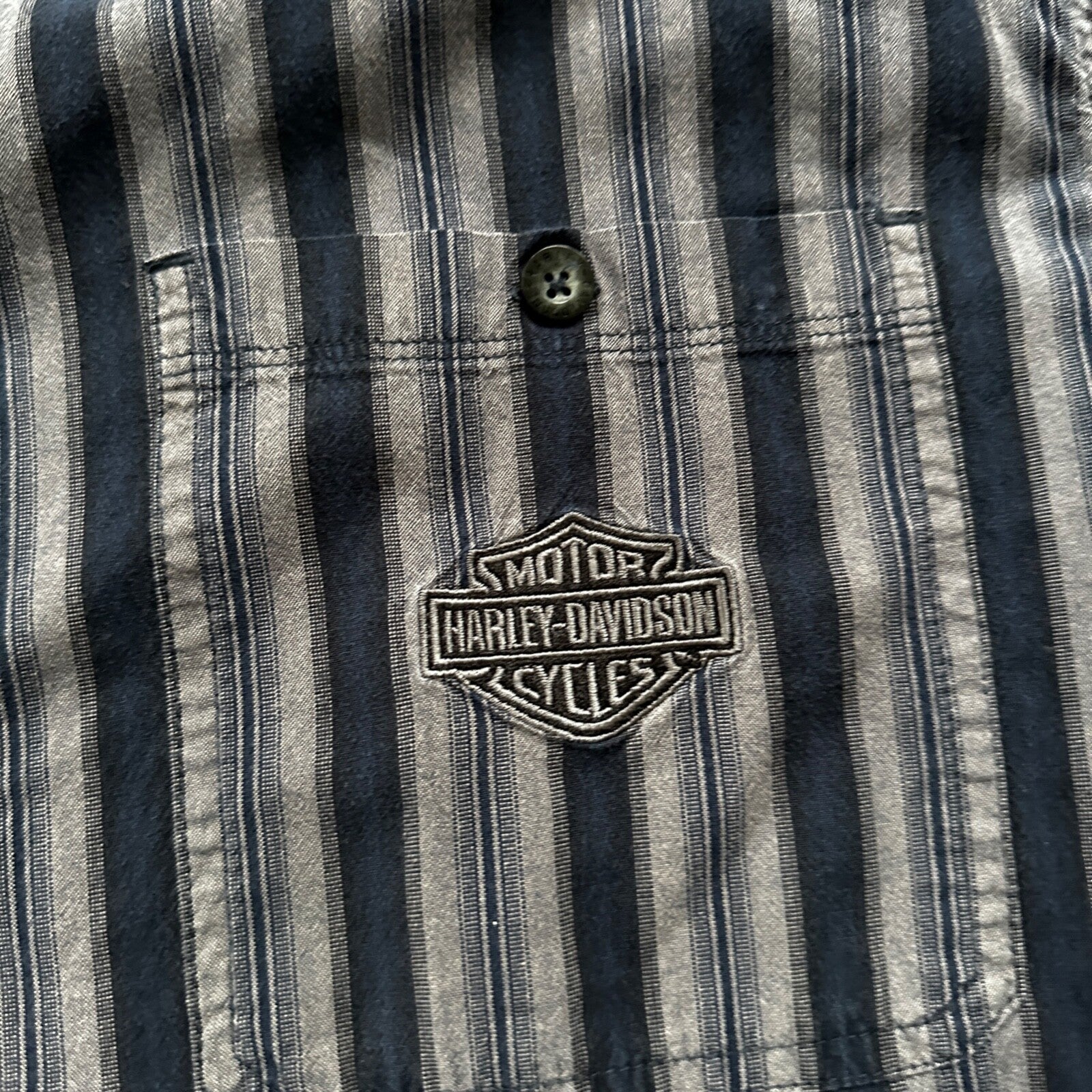 Harley Davidson Shirt Button Up XL Short Sleeve VTG Embroidery Striped Blue