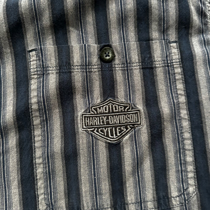 Harley Davidson Shirt Button Up XL Short Sleeve VTG Embroidery Striped Blue
