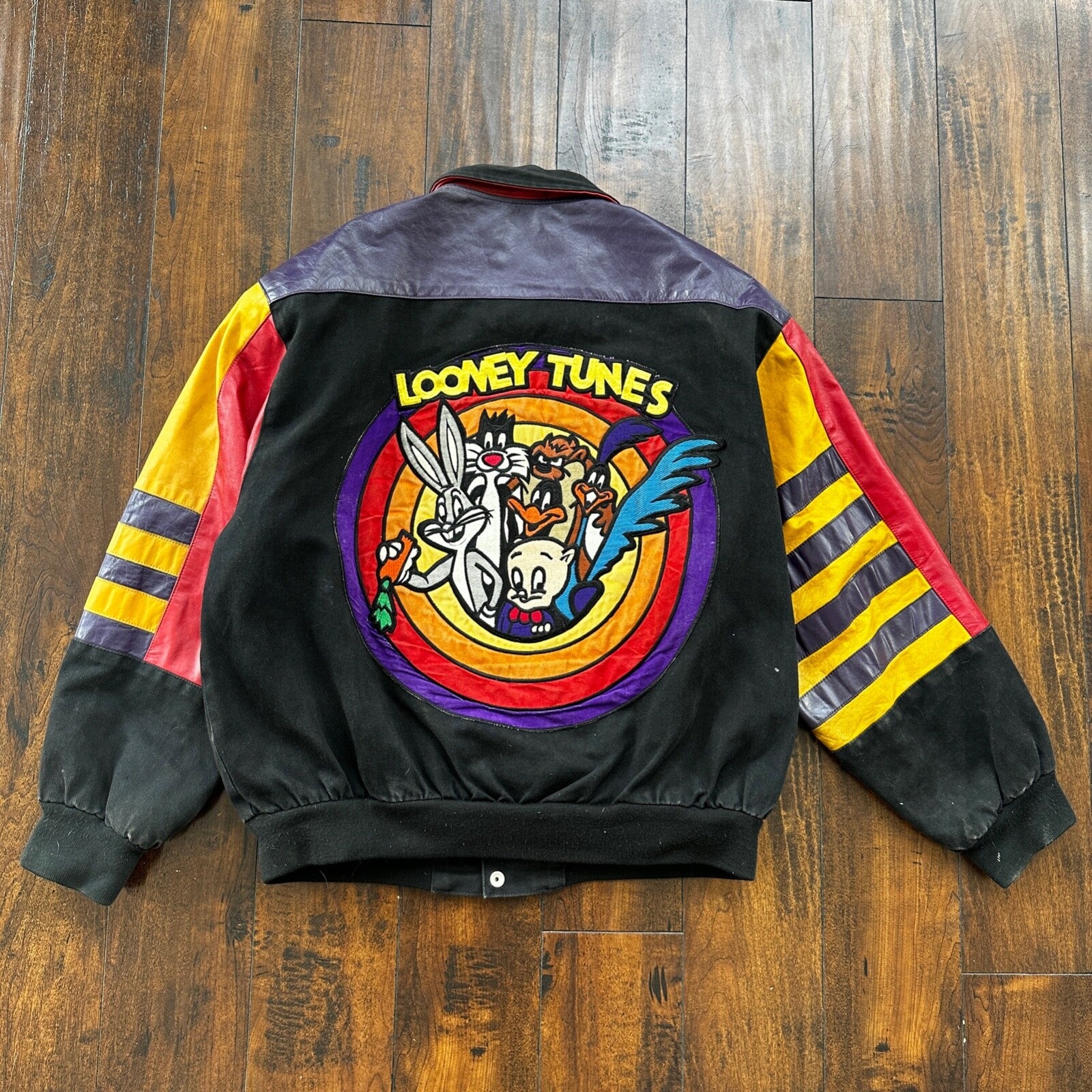 VTG 1992 Jeff Hamilton Looney Tunes Leather Canvas Jacket XL 90s Rap Cartoon Art