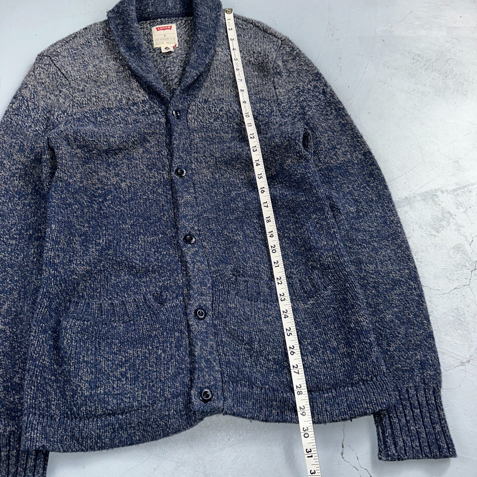 Levis Women's M Woolmark Blend Knit Blue Long Sleeve Button Up Sweater VTG