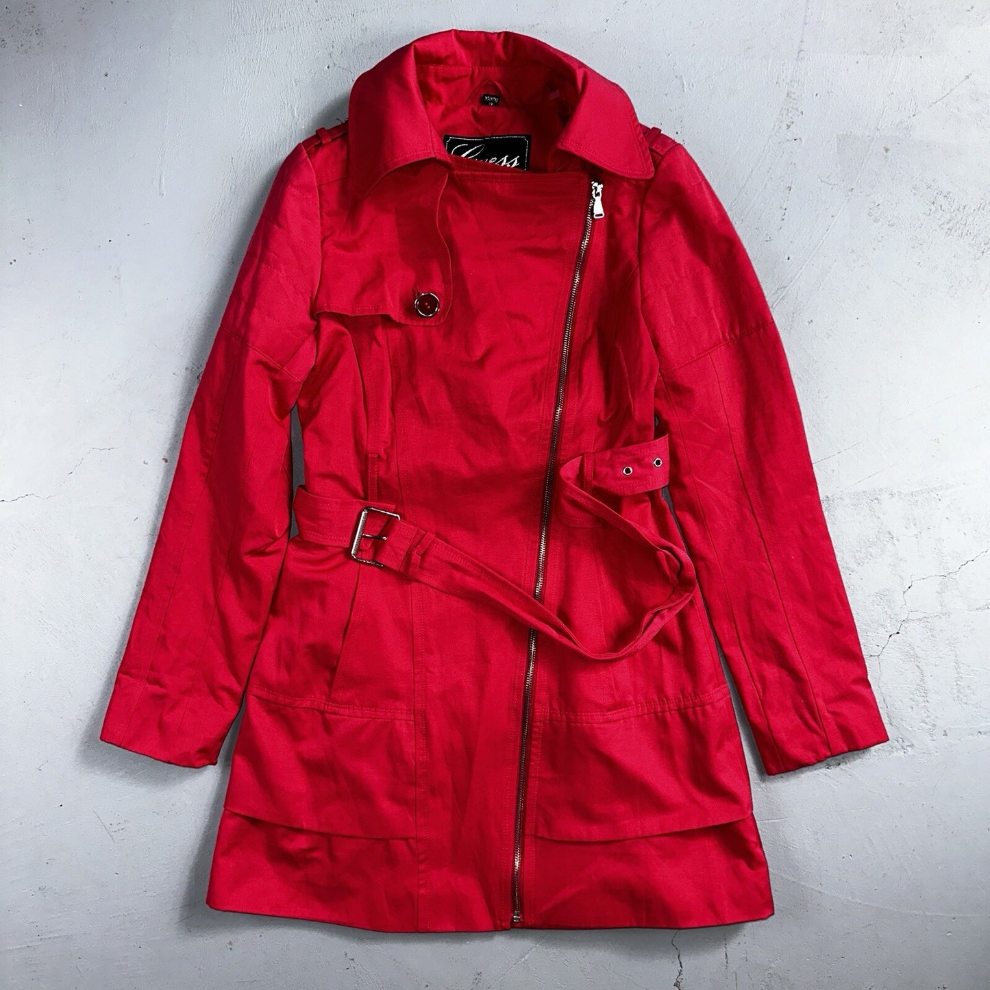 GUESS Pink Belted Peacoat Wmn Sz XS VTG Button Detail Zipper Trench Cute