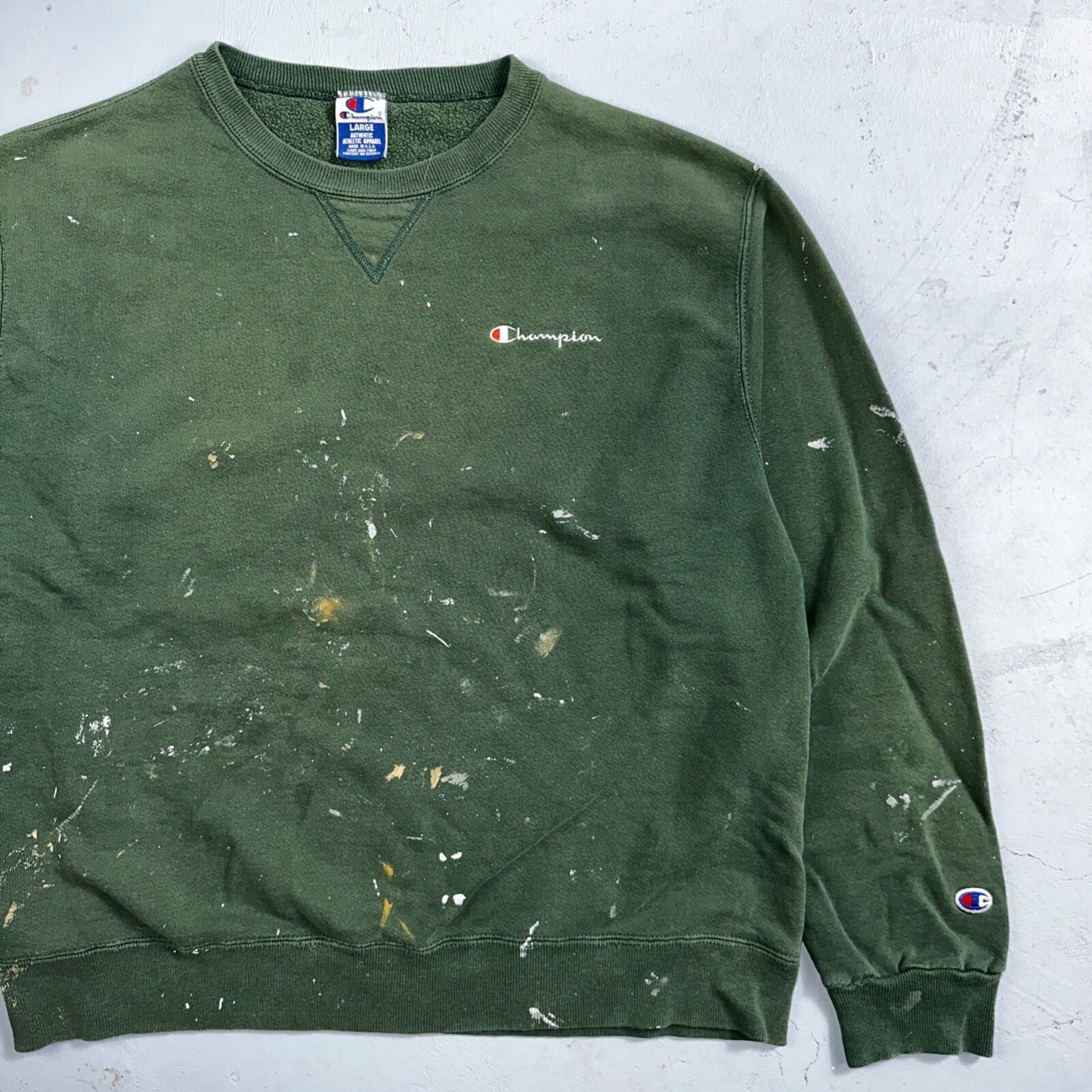 Champion 90s USA Sweatshirt VTG Crewneck Green Thrashed Paint Stained Large