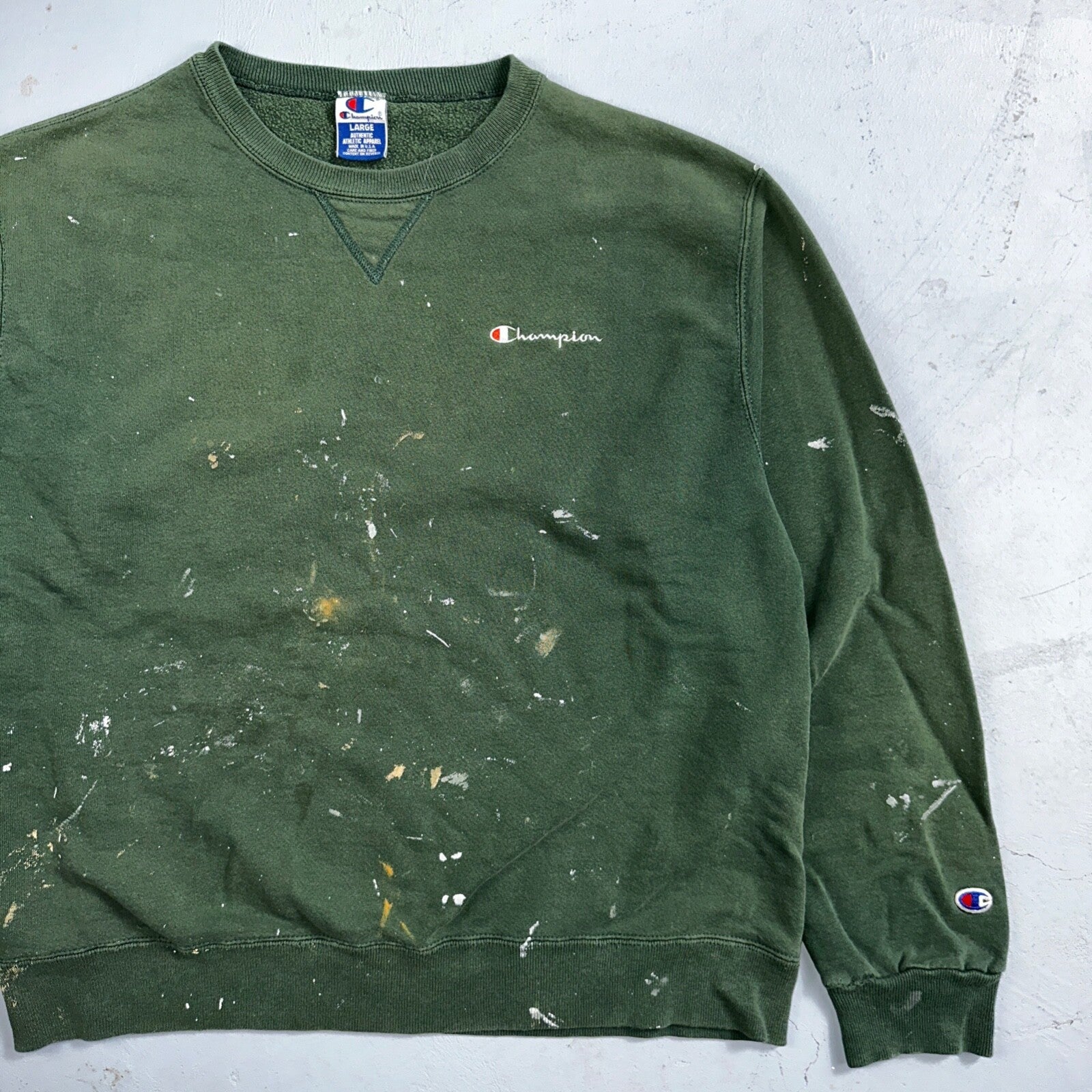 Champion 90s USA Sweatshirt VTG Crewneck Green Thrashed Paint Stained Large