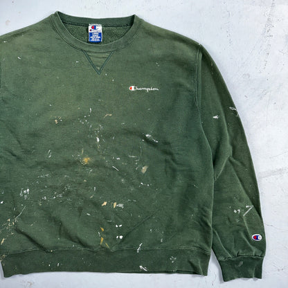 Champion 90s USA Sweatshirt VTG Crewneck Green Thrashed Paint Stained Large