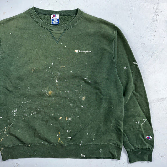 Champion 90s USA Sweatshirt VTG Crewneck Green Thrashed Paint Stained Large