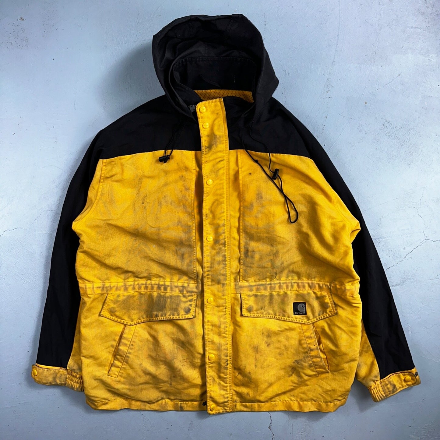 Carhartt C48 YLW Workwear Jacket Stains Mesh Lined Full Zip Hooded XL Yellow
