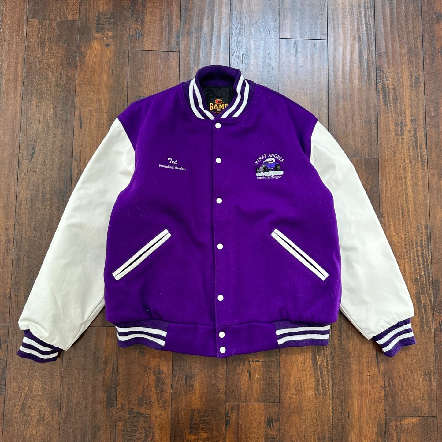 VTG Stray Angels Varsity Leather Letterman 70s Jacket XL Portland Cars Racing