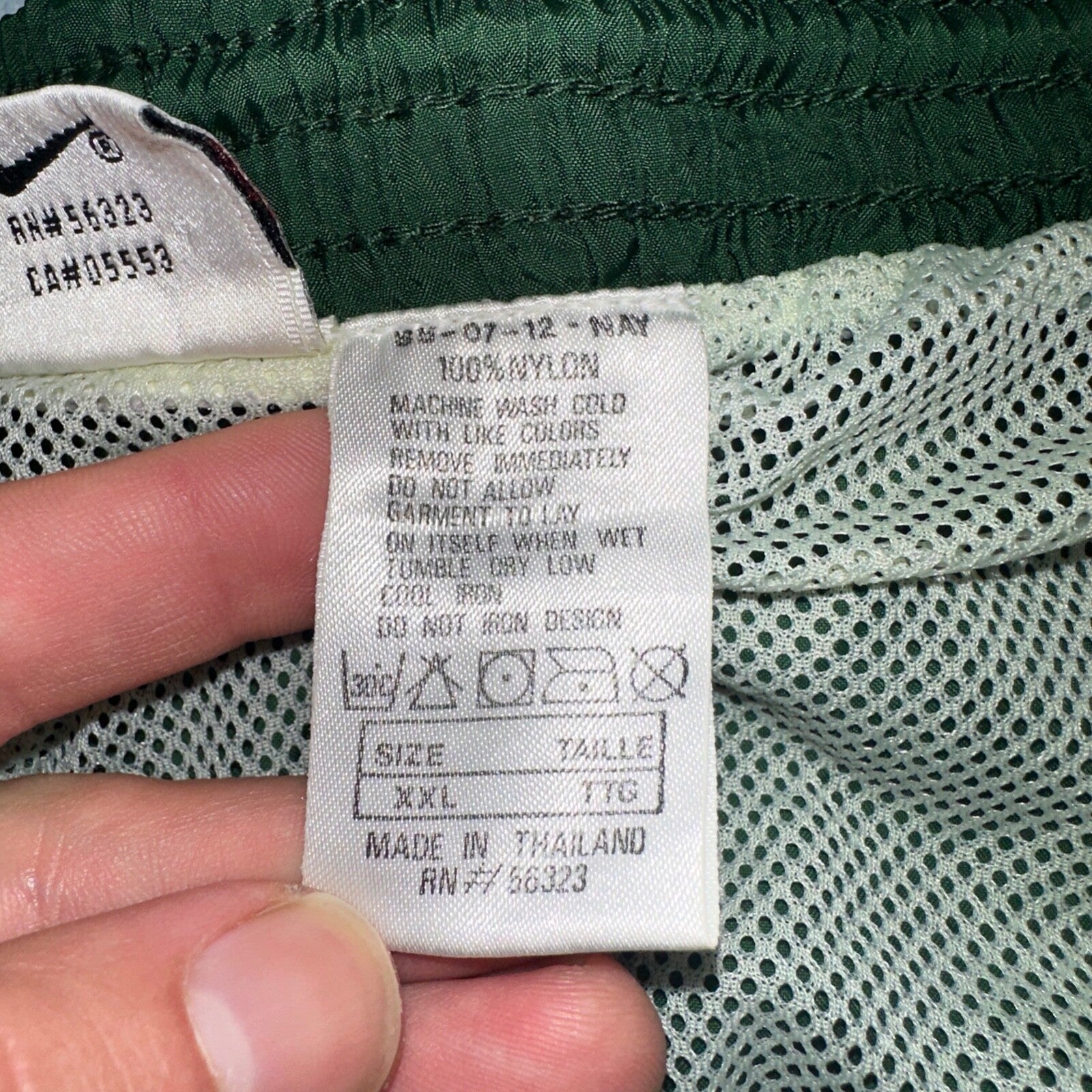 Nike Vintage Green Nylon Shorts Swoosh 2XL 90s White Tag 5” Inseam Running Swim