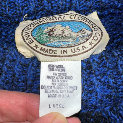 Environmental Clothing Co. VTG 90s Blue Wool Knit Holiday Cottage Sweater L USA