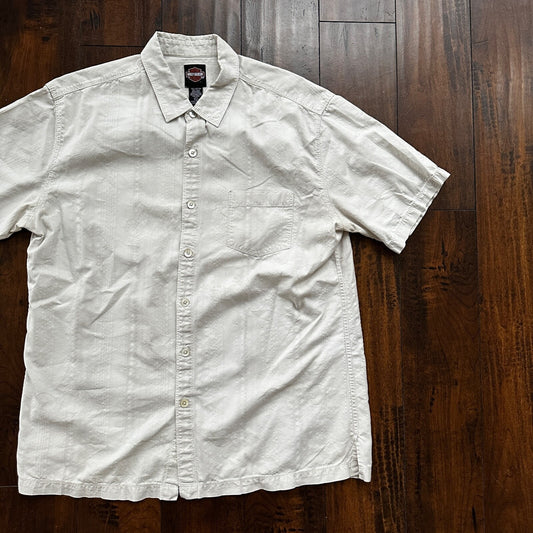 Harley Davidson Shirt Button Up XL Short Sleeve VTG Motorcycle White Silk