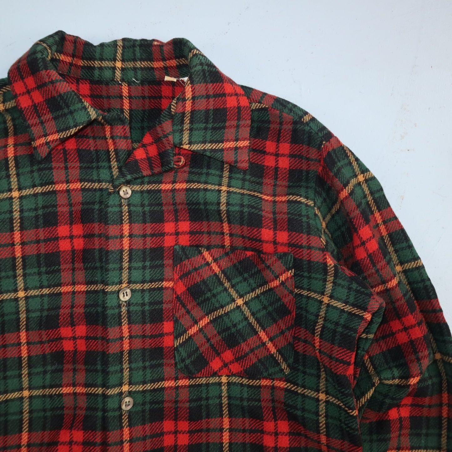 VTG 60s Wool Button Down Shirt Loop Wool Plaid Flannel Shirt 50s Red Rockabilly