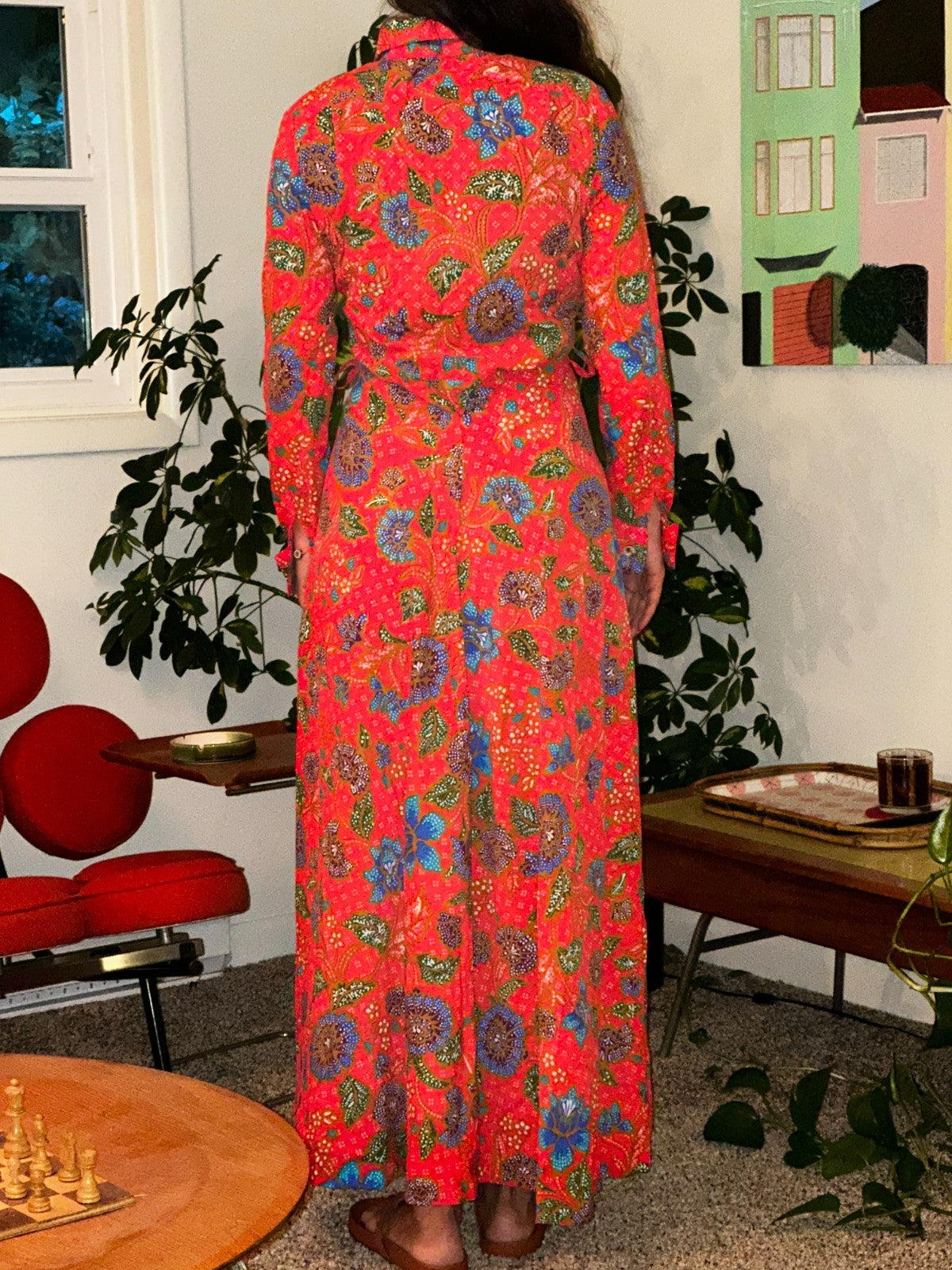 Vintage Denise Maxi Dress Red Floral Batik Boho 70s Style Hermosa Beach CA Rare