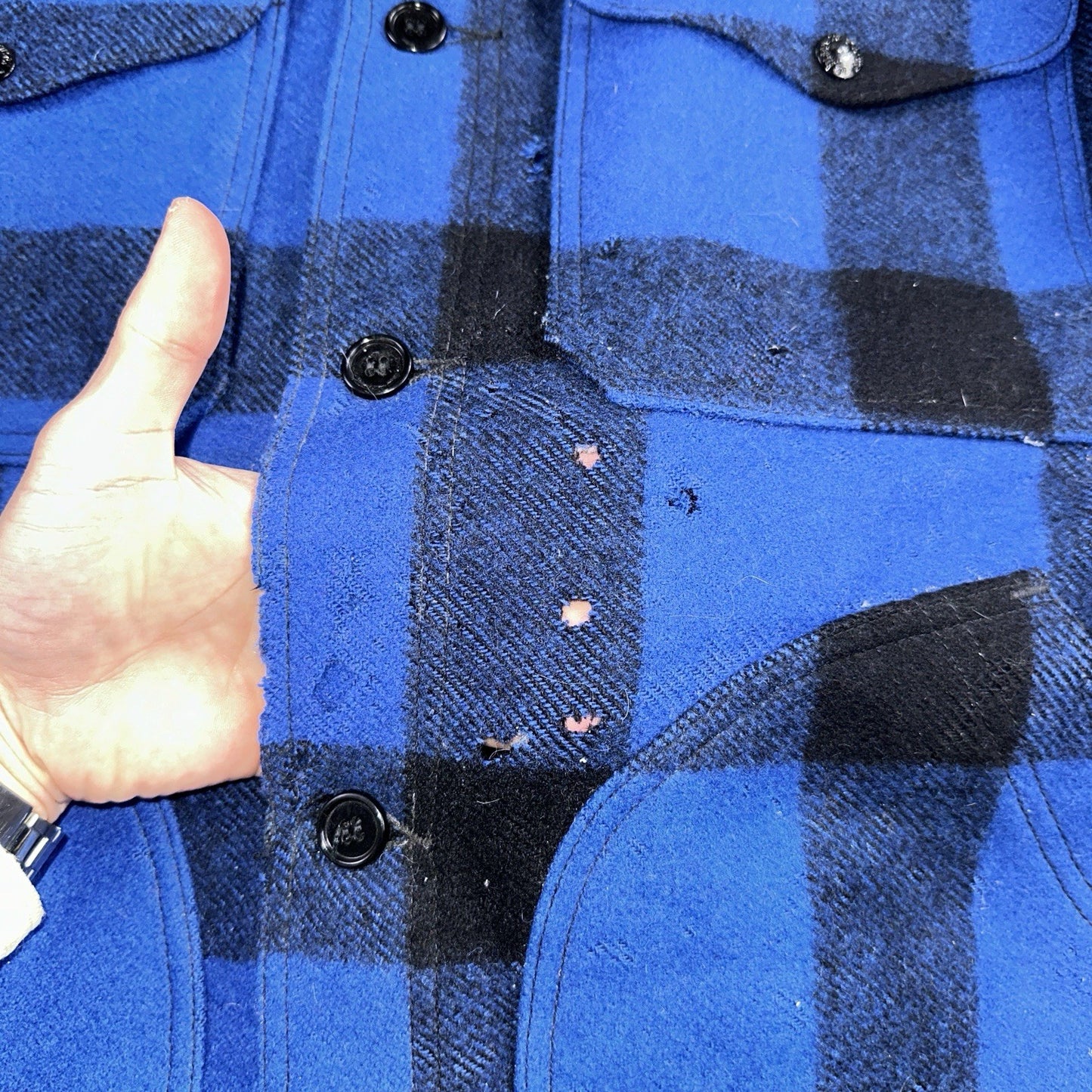 Filson CC Wool Mackinaw Cruiser Jacket Blue Plaid L Distressed VTG USA