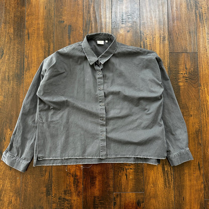 Good Luck Gem Dark Grey Boxy Cotton Button Up Shirt Raw Edge Hem Lightweight