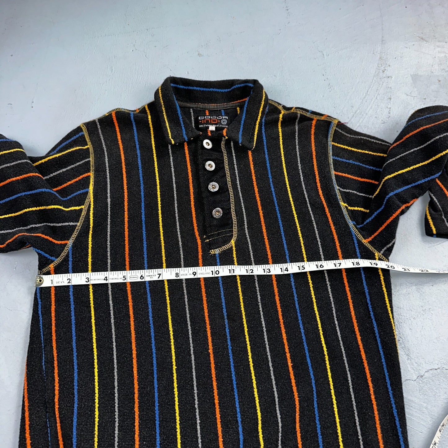 Vintage Cocoa Indo Italy Knit Polo Shirt Small Black Striped Long Sleeve 90s Y2K