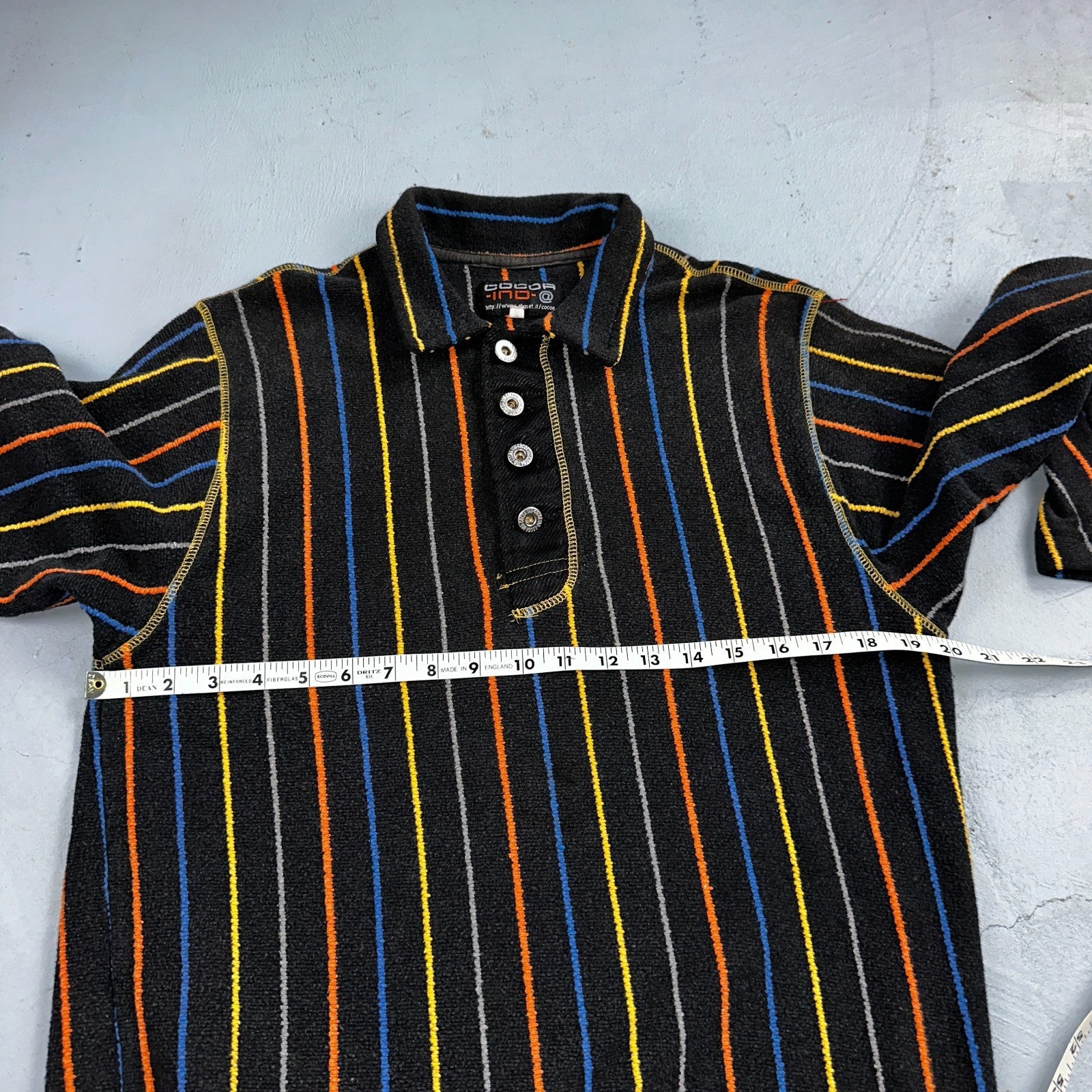 Vintage Cocoa Indo Italy Knit Polo Shirt Small Black Striped Long Sleeve 90s Y2K