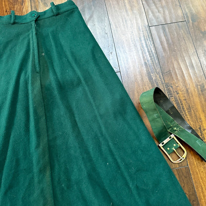 VTG 1960s Faded Green Wool Skirt Preppy Midi Knee Belt Loops 26" Waist Long 60s