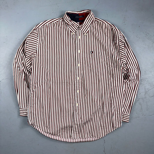 Tommy Hilfiger Vintage Mens XL Red Blue Striped Long Sleeve Button Down Shirt