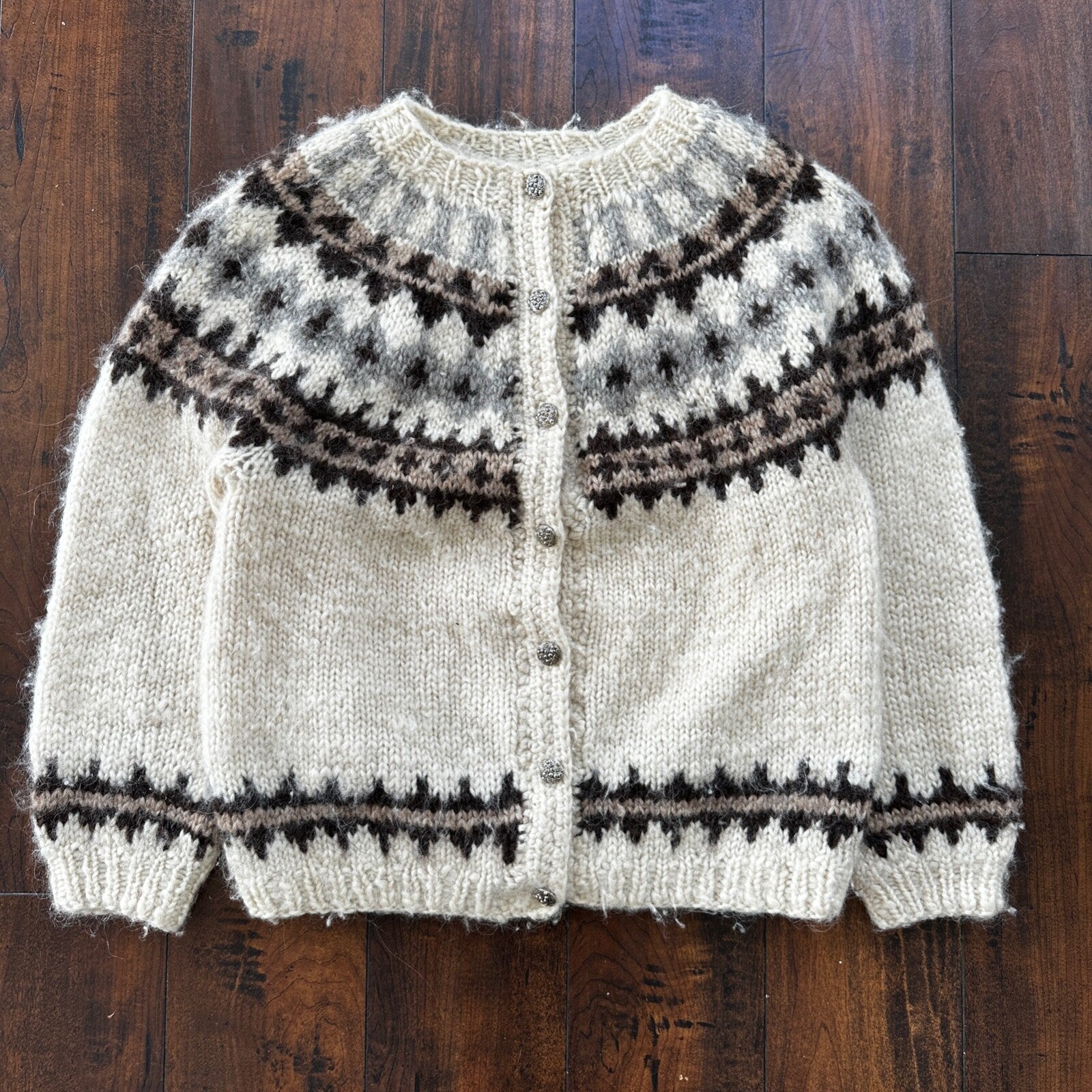 VTG Cardigan Sweater WOOL? Scandinavian Snowflakes Heavy Warm 80s Cute