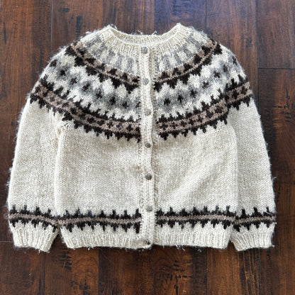 VTG Cardigan Sweater WOOL? Scandinavian Snowflakes Heavy Warm 80s Cute