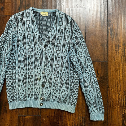VTG RARE Caramy Cardigan Mens M Blue 1970s Corduroy Wool Button Up Aztec