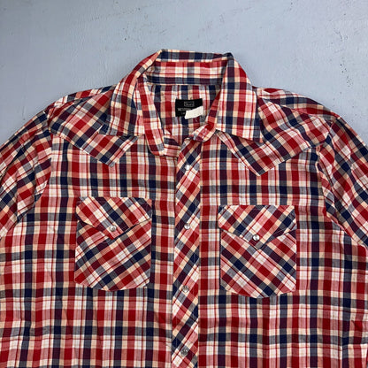 Sears VTG Western Wear L Plaid Ranch Rodeo Shirt Jacket Pearl Snap Red 16
