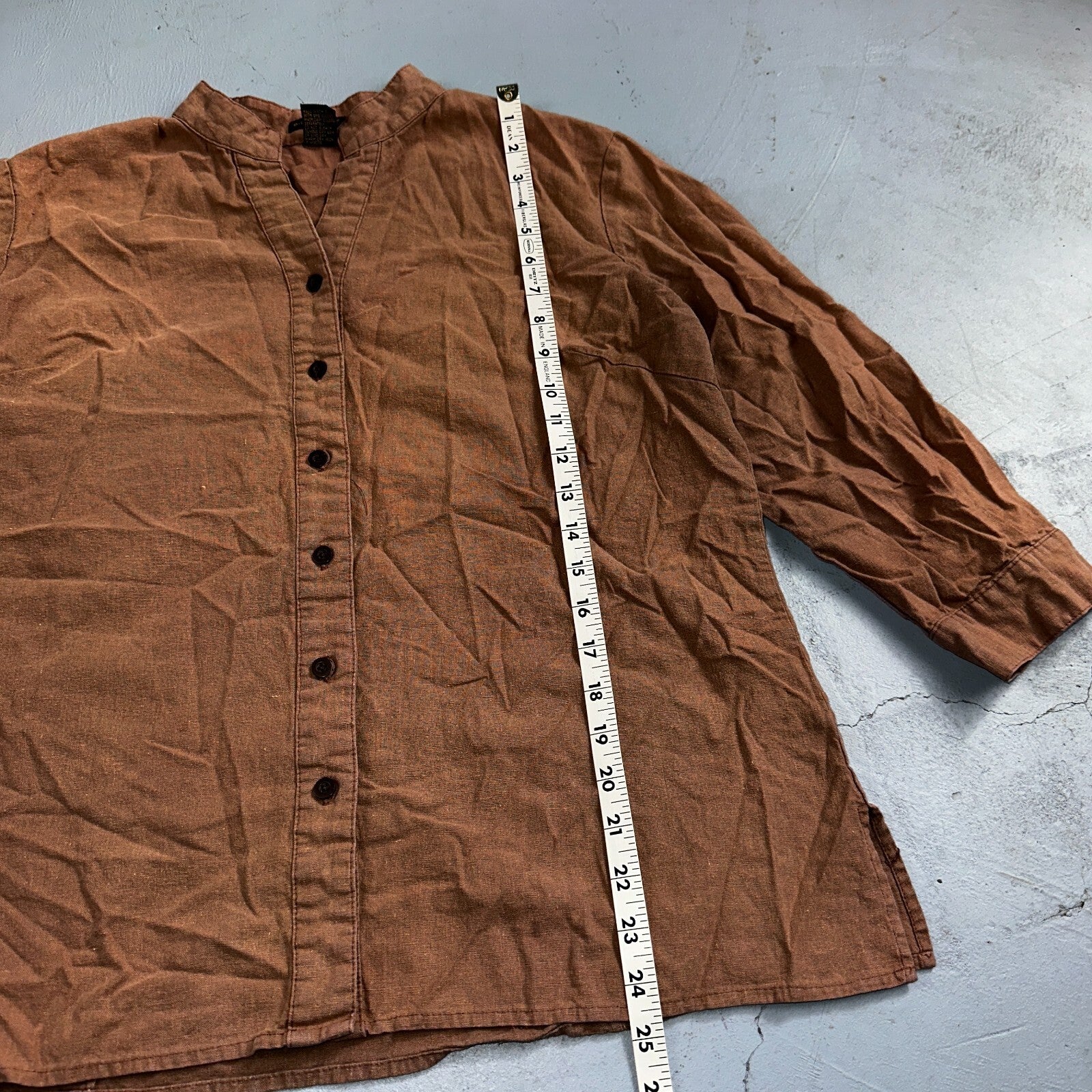 E-COL-O-GIE Womens Large Brown Linen Button Up Shirt Large Cotton VTG Y2K