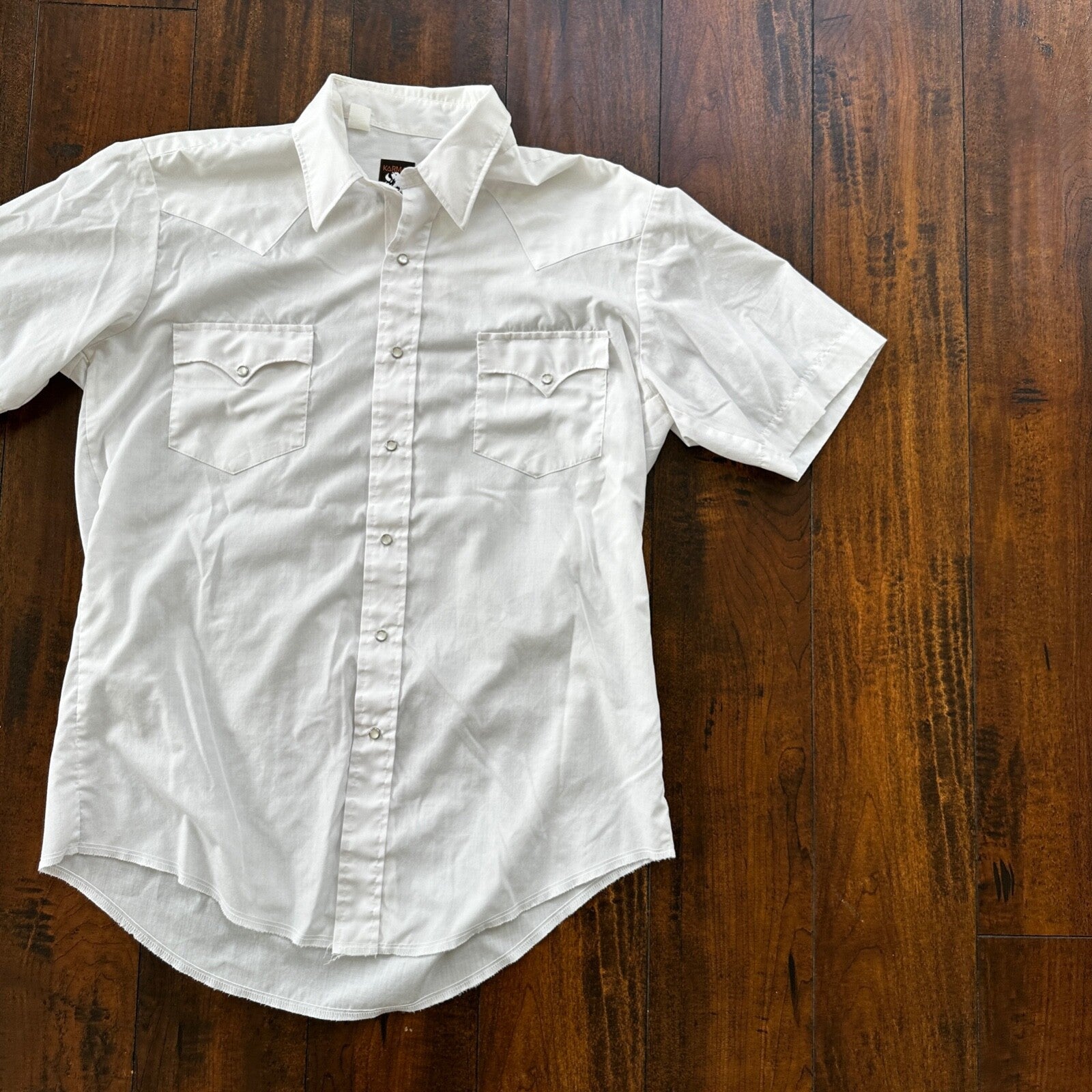 VTG 80s Karman Plain Shirt Mens Lot of 2 Tail Pearl Snap Button Up Poly Stained