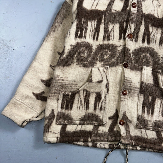 1970s Wool Lama Bird Coat Mens Jacket Size L Sweater Button Up 70s Rockabilly