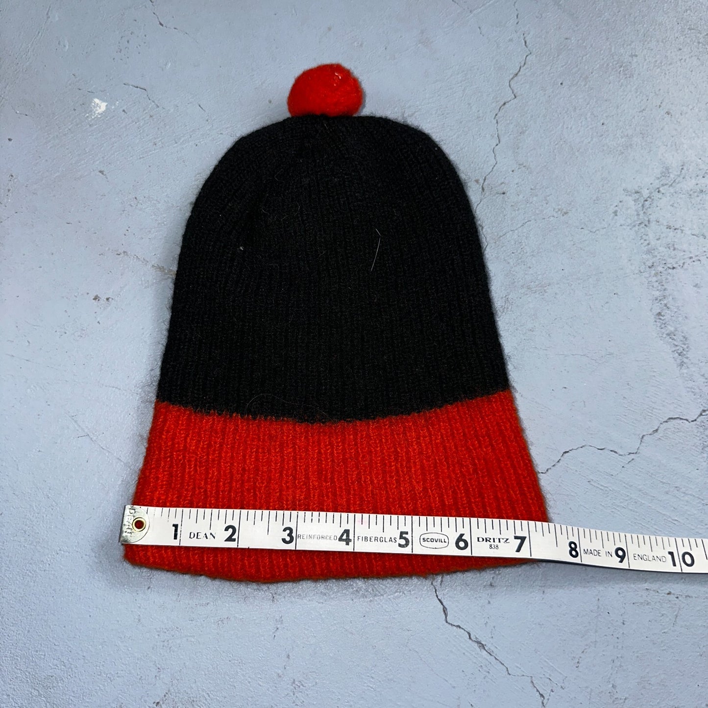 Vintage Wool Toddler Beanie Hat Winter Cap Red Black Stripes Pom Pom 60's