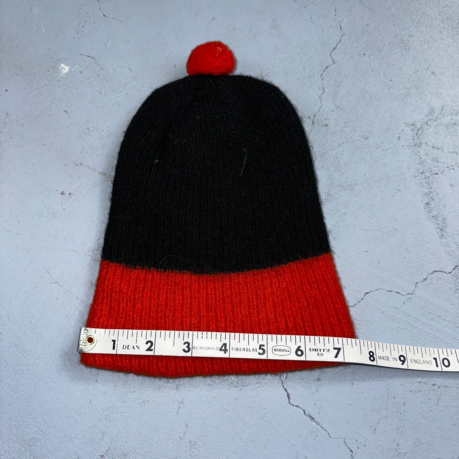 Vintage Wool Toddler Beanie Hat Winter Cap Red Black Stripes Pom Pom 60's