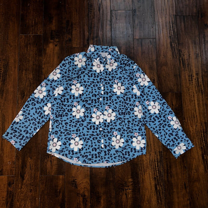 Blue Flowers Multicolor Long Sleeve Collared Button Down Hawaii Shirt Womens M