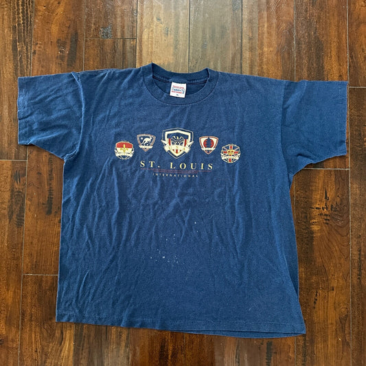 St Louis Single Stitch Vintage T Shirt Missouri Home Town USA Travel Blue Rap