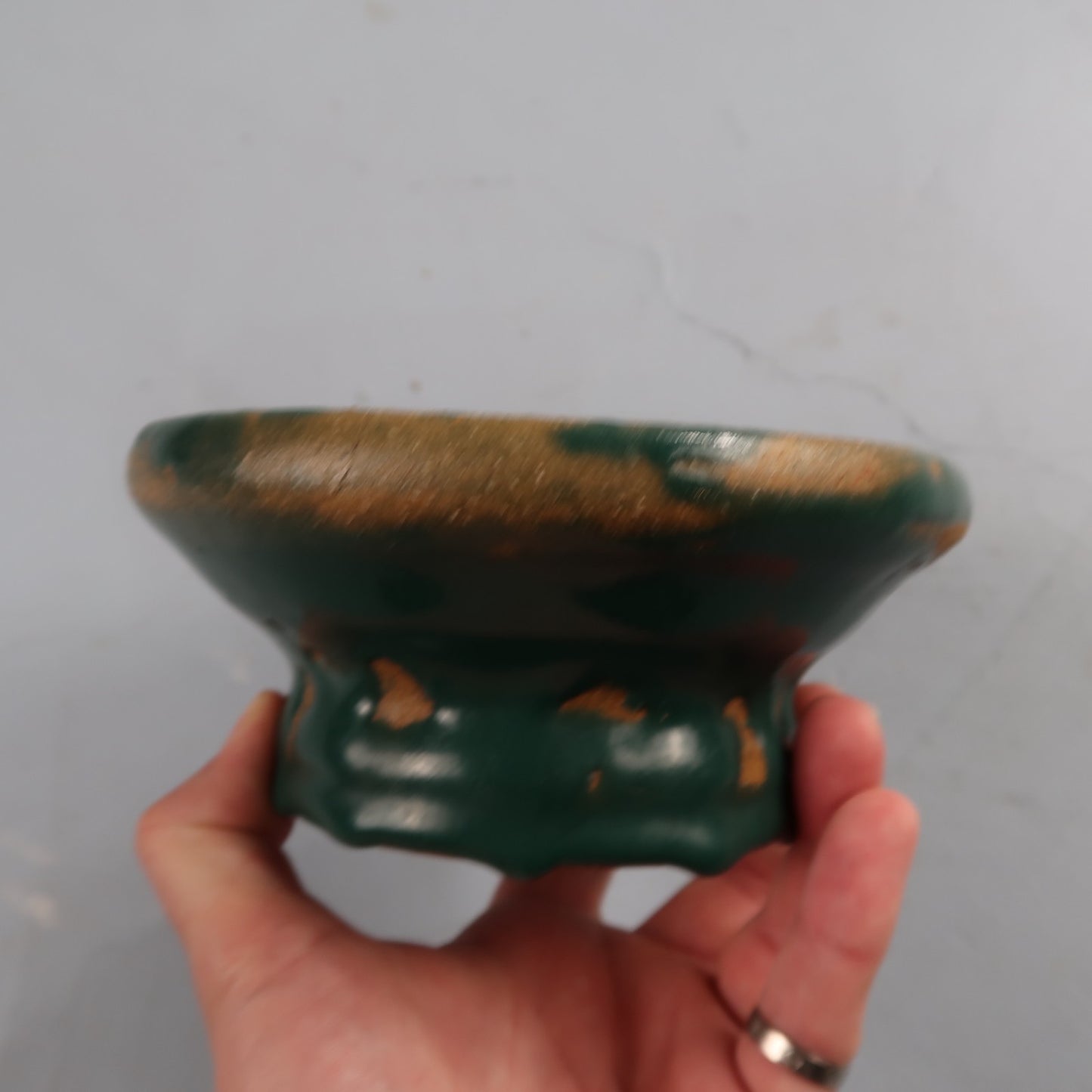 Green Glazed Small Size Motif Bowl Cute Ceramic Green VTG 90s Handmade Art Folk