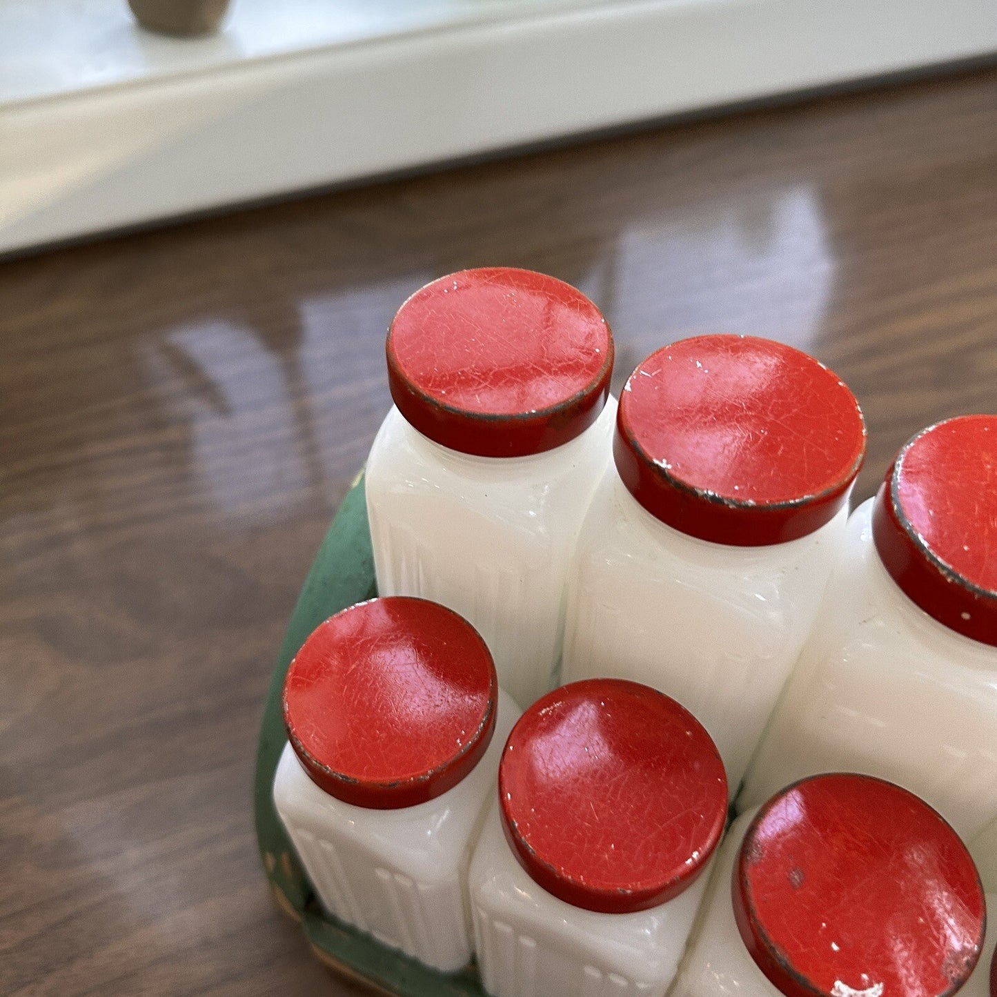 Griffith Milk Glass Spice Jar Set with Wooden Rack USA 1930s Art Deco 12 Pc