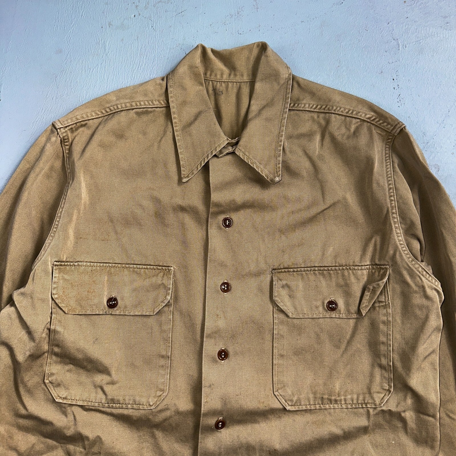 Vintage 40s WWII Gusset Khaki Work Army Military Button Shirt Stencil USN